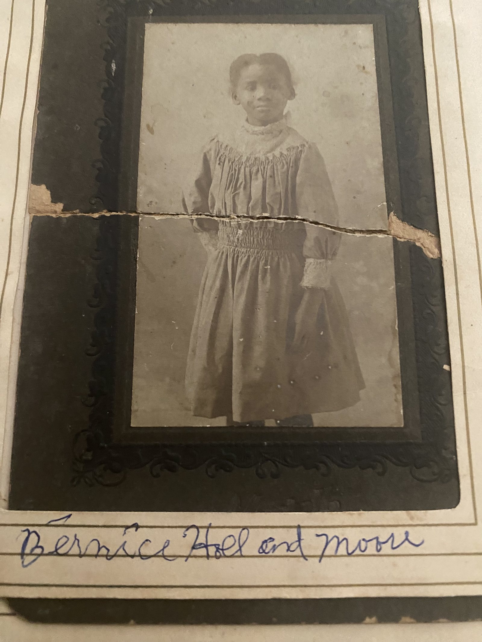 Antique photo of a young girl, labeled Bernice Holland Moore